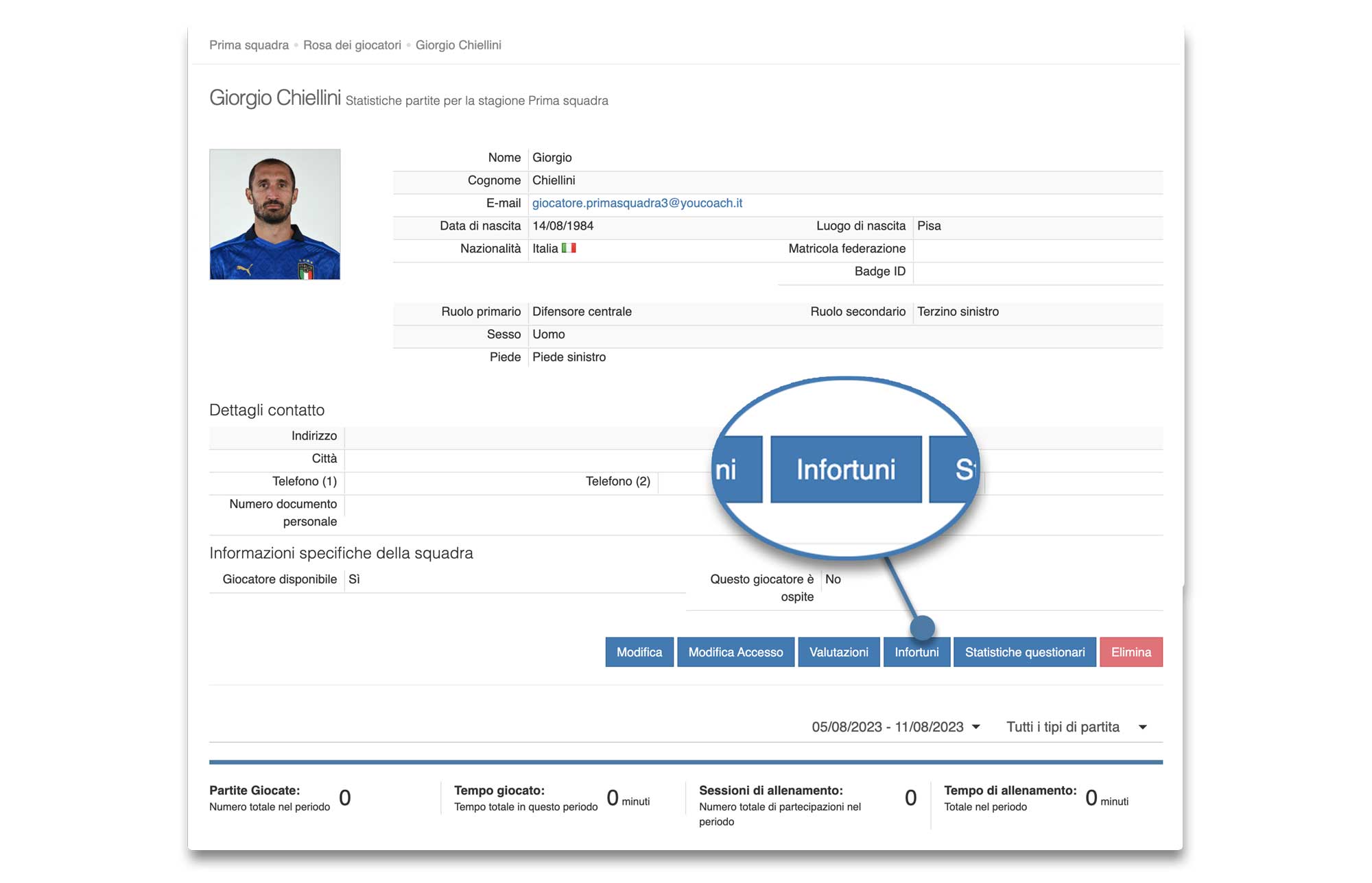 Funzione infortuni - pulsante nel profilo giocatore Funzione infortuni - pulsante nel profilo giocatore